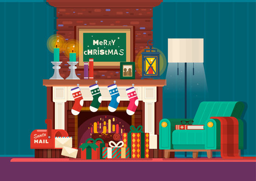 Christmas fireplace.Room interior fireplace design with armchair, lamp.Gifts and fireplace. Flat style vector illustration.