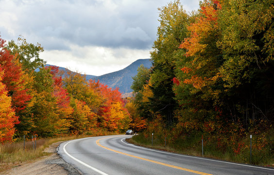 Beautiful fall foliage along the famous Kancamagus Highway at White Mountain, New Hampshire, USA