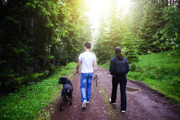Fototapeta premium Friends mountaineers,walking in nature with dog