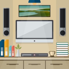 Living Room With TV and CD Player Flat Vector Illustration