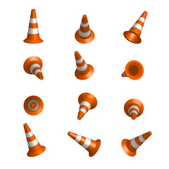 Realistic vector traffic cones. Set of orange road cones with stripes. 3d rendering isolated on the white background. Traffic signs.