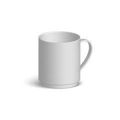 White realistic vector mug. Isolated 3d cup with shadow on white background. Vector template for Mock Up. Vector illustration