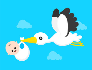 Flying stork with a bundle with little cute 