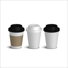 Realistic paper coffee cup set. 3d rendering isolated on the white background vector illustration.
