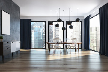 Black kitchen with a poster