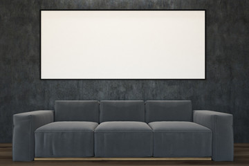 Concrete living room, gray sofa, poster