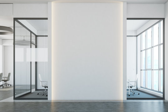 White open space office, blank wall, aquarium