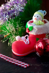 Christmas snowman sitting inside red christmas boot.