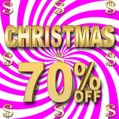 Stock Illustration - Golden 70 Percent Off, Golden Christmas, Golden Dollar Sign, Bright Pink and White Background, 3D Illustration.
