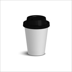 Realistic paper coffee cup. Black cover. White walls. 3d rendering isolated on the white background vector illustration. Mock up for logo or design. Template cup. Coffee to go