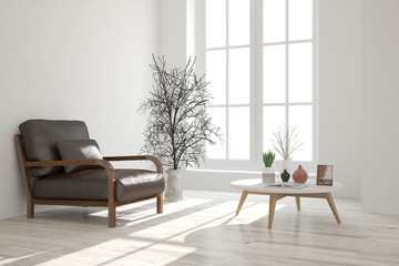 Inspiration of white minimalist room with armchair. Scandinavian interior design. 3D illustration