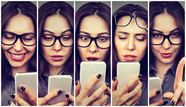 Woman expressing different emotions using smartphone