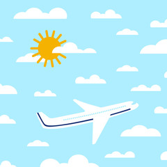 Flat airplane illustration. View of a flying aircraft in sky. Passenger plane on a background of clouds and a bright sky