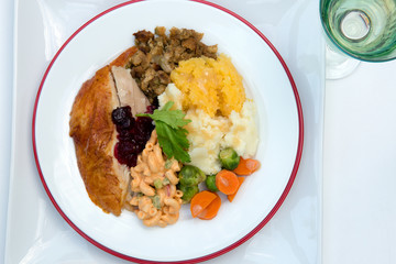 turkey dinner on plate from overhead