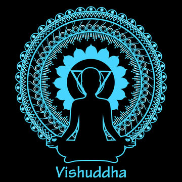 Outline silhouette of meditating women on black background. Vishuddha chakra. Vector illustration.