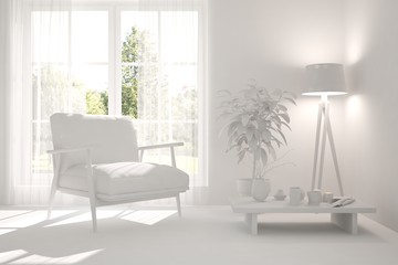 Idea of white room with armchair and summer landscape in window. Scandinavian interior design. 3D illustration