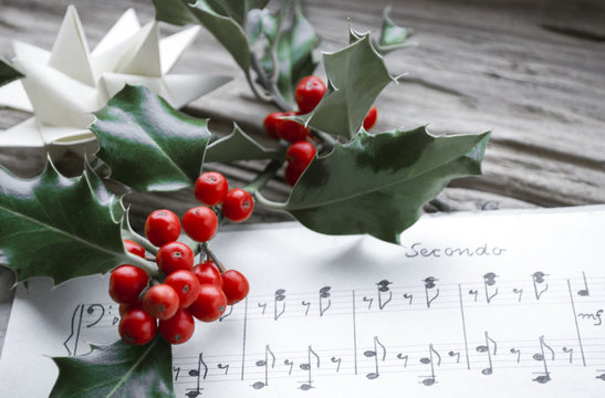Alte handgeschriebene Musiknoten mit Weihnachtsstern, Ilex Zweig und roten Beeren, Weihnachten, xmas 