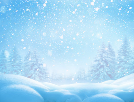Christmas winter background with snow and blurred bokeh.Merry christmas and happy new year greeting card with copy-space.