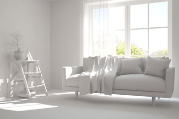 Idea of white room with sofa and summer landscape in window. Scandinavian interior design. 3D illustration