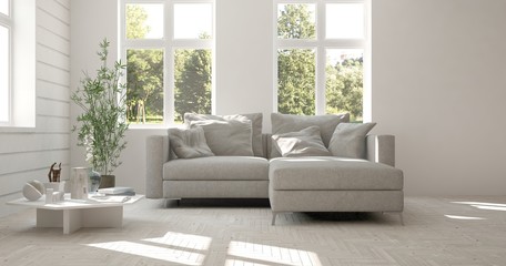 Idea of white room with sofa and summer landscape in window. Scandinavian interior design. 3D illustration
