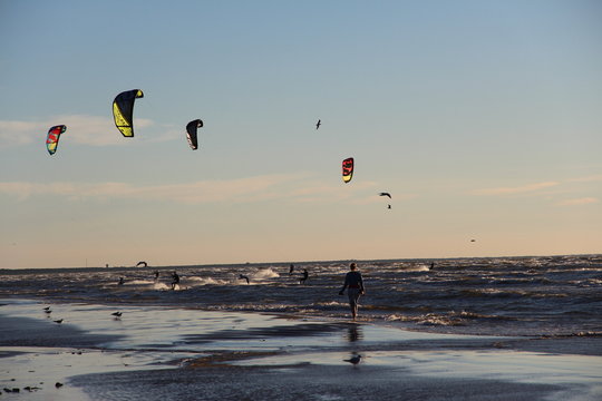 Kite surfing on the Blatic Sea in Jurmala, Latvia