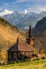 Church in Jaworzyna Tatrzanska in Slovakia in autumn scenery