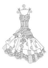 Hand drawn dress. Sketch for anti-stress adult coloring book in zen-tangle style. Vector illustration  for coloring page.