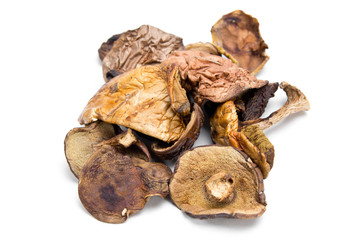 Dried mushrooms on a white background closeup. Boletus, orange-cap boletus.
