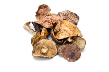 Dried mushrooms on a white background closeup. Boletus, orange-cap boletus.