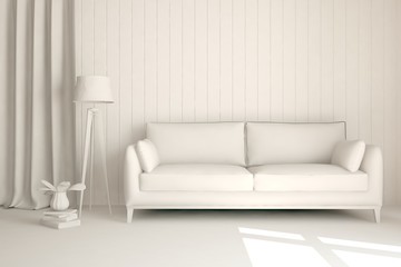 White room with sofa. Scandinavian interior design. 3D illustration