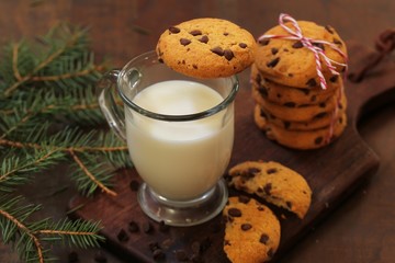 Cookies and milk for Santa / Christmas concept, selective focus