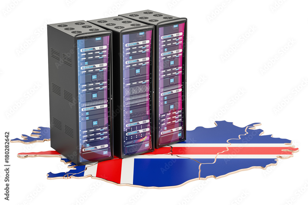 Poster data center server racks in iceland concept, 3d rendering