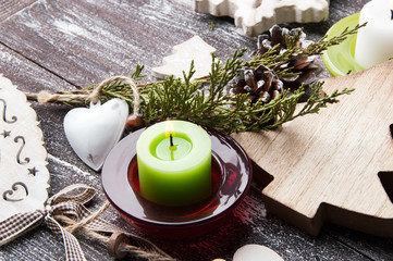Christmas decorations on brown shabby background