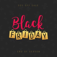 Fototapeta na wymiar Black friday gold lettering handmade banner discount sale. Black friday label promo poster with shopping bag