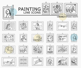 Famous painting line icons with minimal nodes and editable stroke width and style
