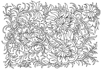 Background with flowers and plants. Black and white doodle vector illustration. Coloring book for adult and older children. Coloring page. Outline drawing.
