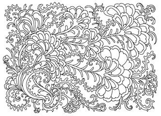 Background with flowers and plants. Black and white doodle vector illustration. Coloring book for adult and older children. Coloring page. Outline drawing.