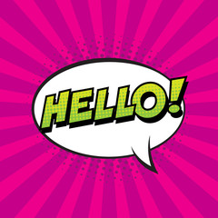 Retro comic speech bubble with colorful halftone shadow on pink stripes pattern. Expression text HELLO. Vector illustration, vintage design, pop art style.