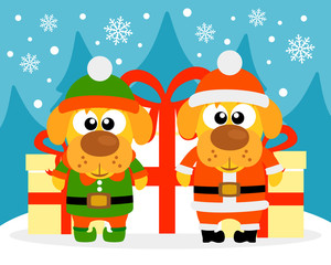 Happy New Year card with dog santa claus and dog elf
