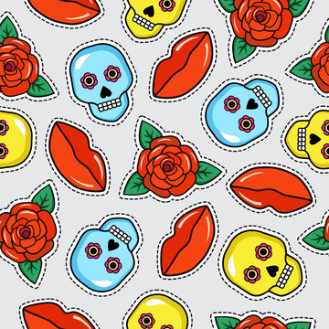 Seamless colorful pattern of fashion tattoo style patches. Mexican sculls, roses and lips stickers on gray background. Vector illustration