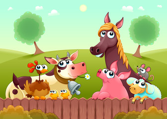 Obraz na płótnie Canvas Funny farm animals smiling near the fence