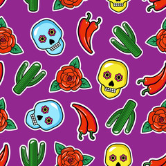 Seamless pattern of mexican symbols patches skull, pepper, rose flower and cactus on violet background. Vector illustration of mexican stickers