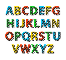 Colorluf alphabet with stripes design. Abc in memphis style. Vector illustration