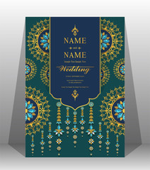  Wedding Invitation card templates with gold patterned and crystals on background color. 