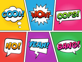 Retro comic speech bubbles set on colorful background. Expression text COOL, NO, WOW, YEAH, OOPS, BANG. Vector illustration, vintage design, pop art style. - obrazy, fototapety, plakaty