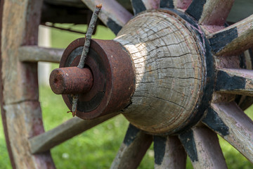 close up Old wooden wagon wheel