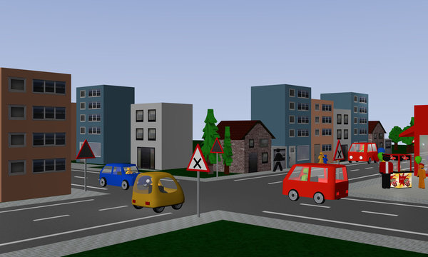 Kreuzung mit rechts vor links Regelung mit drei bunten Autos. Mit deutschen Straßenschildern