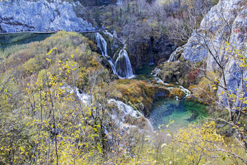 Autumn view of beautiful waterfalls in Plitvice Lakes National Park, Croatia