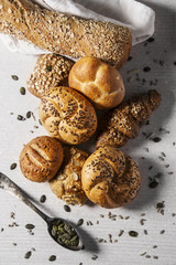 Selection of  Mixed Bread Rolls or Bunson the bright stone Background with different seeds