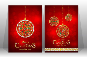 Naklejka premium Christmas Greeting and New Years card templates with gold patterned and crystals on background color.